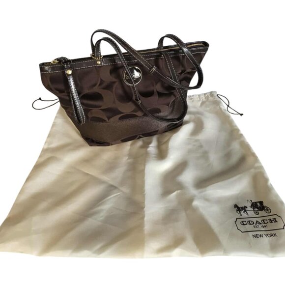 EUC Coach Signature Stripe Brown Sateen Canvas Tote - Picture 1 of 11